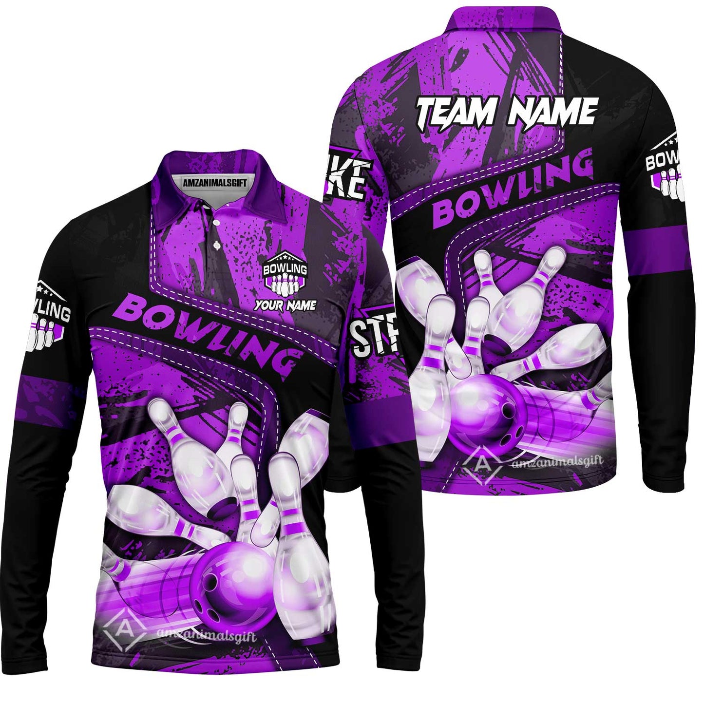Custom Bowling Team Quater-Zip Polo Shirts, Bowling Uniforms Jerseys Brush Patterns, Multi Colors Personalized Name And Team Name