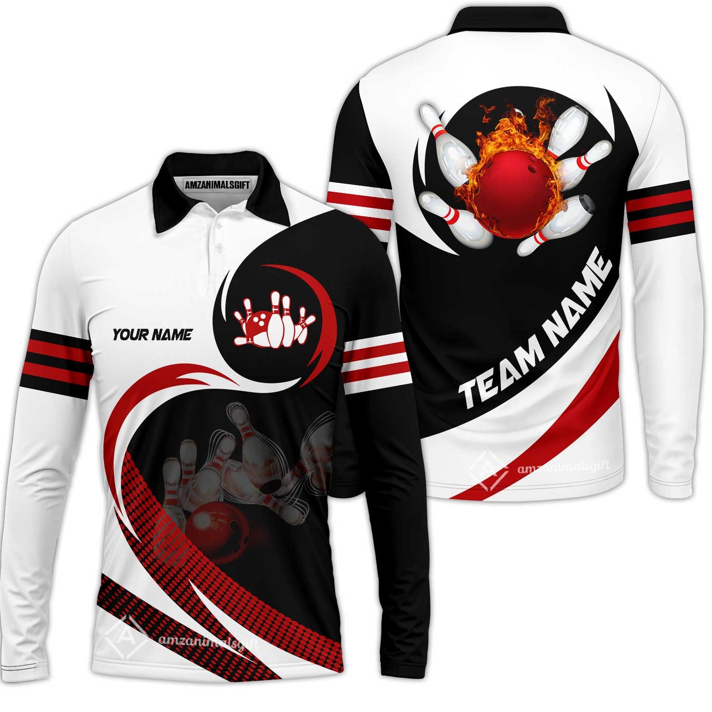 Custom Bowling Team Jersey Shirts, Custom Flame Ball Bowling Uniforms Unisex Polo, Multi Colors Personalized Name And Team Name