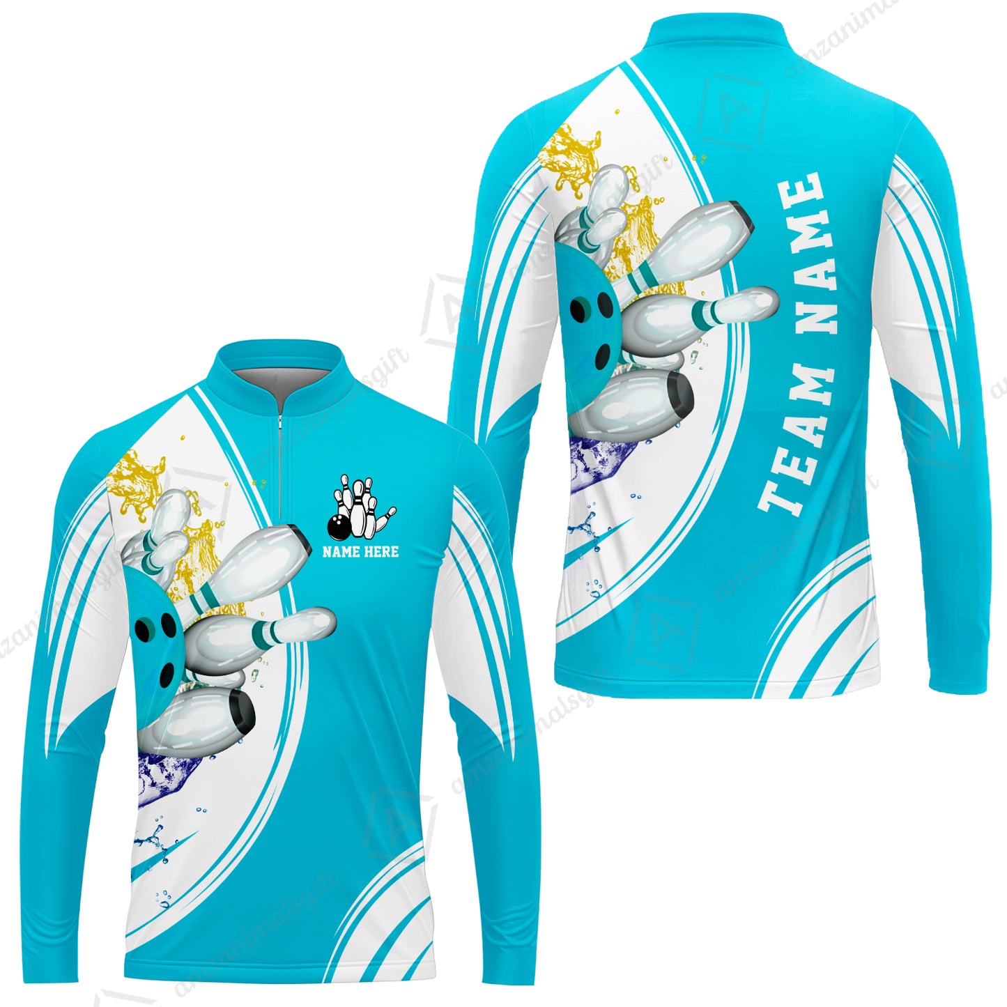 Custom Bowling Team Long Sleeve Jersey Shirts, Custom Cyan Red Blue Bowling Uniforms Jerseys, Personalized Name And Team Name