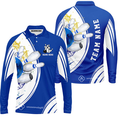 Custom Bowling Team Long Sleeve Polo Shirts, Custom Cyan Red Blue Bowling Uniforms Jerseys, Personalized Name And Team Name