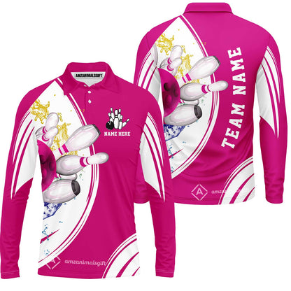 Custom Bowling Team Long Sleeve Polo Shirts, Custom Cyan Red Blue Bowling Uniforms Jerseys, Personalized Name And Team Name