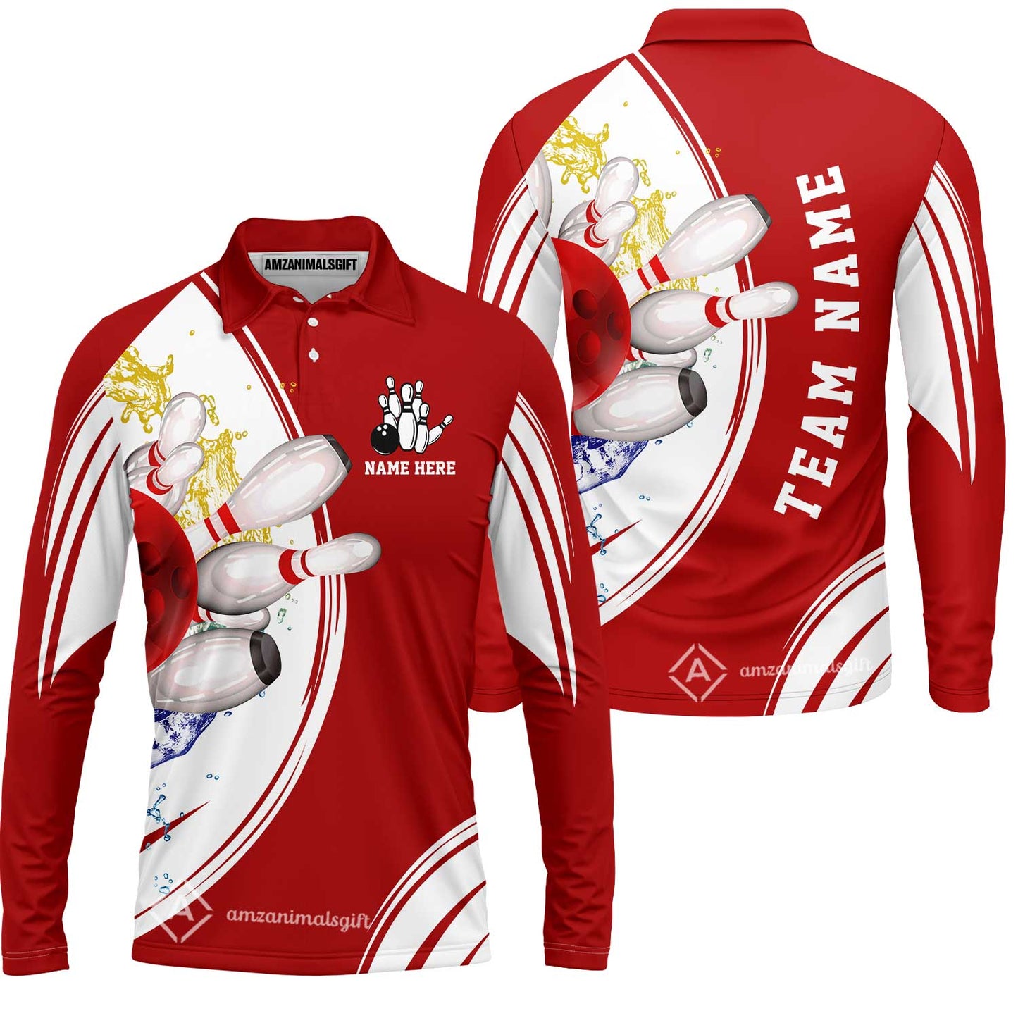 Custom Bowling Team Long Sleeve Polo Shirts, Custom Cyan Red Blue Bowling Uniforms Jerseys, Personalized Name And Team Name