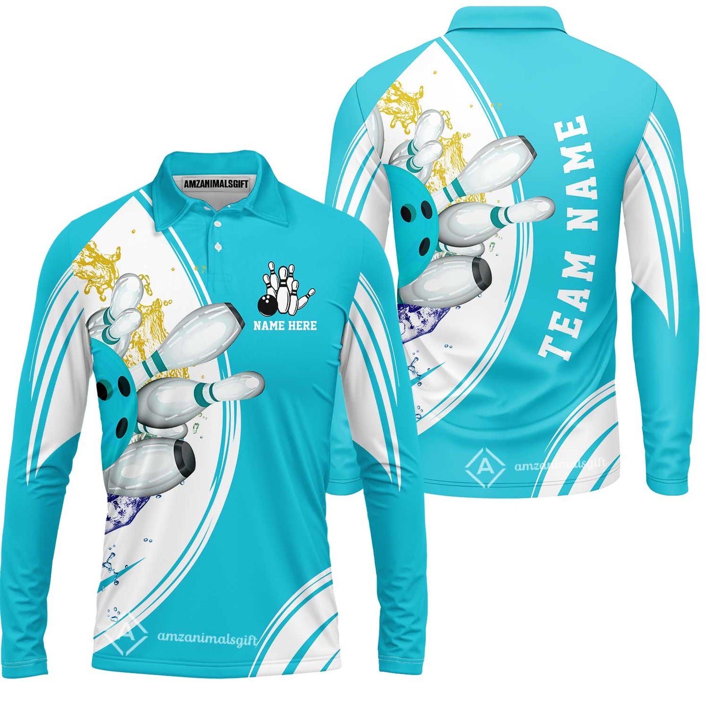 Custom Bowling Team Long Sleeve Polo Shirts, Custom Cyan Red Blue Bowling Uniforms Jerseys, Personalized Name And Team Name