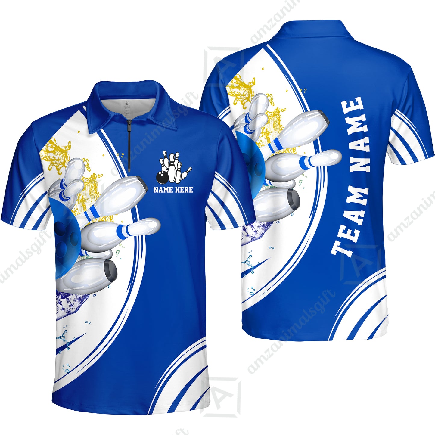 Custom Bowling Team Quarter-Zip Polo Shirts, Custom Cyan Red Blue Bowling Uniforms Jerseys, Personalized Name And Team Name