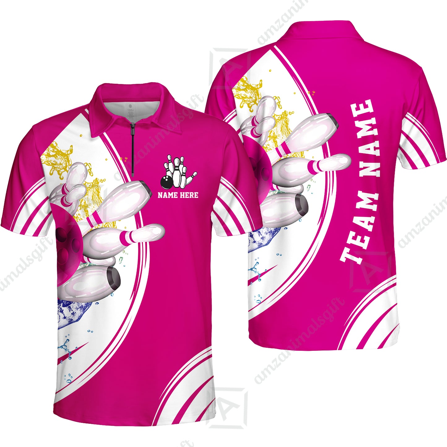 Custom Bowling Team Quarter-Zip Polo Shirts, Custom Cyan Red Blue Bowling Uniforms Jerseys, Personalized Name And Team Name