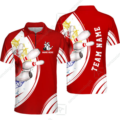 Custom Bowling Team Quarter-Zip Polo Shirts, Custom Cyan Red Blue Bowling Uniforms Jerseys, Personalized Name And Team Name