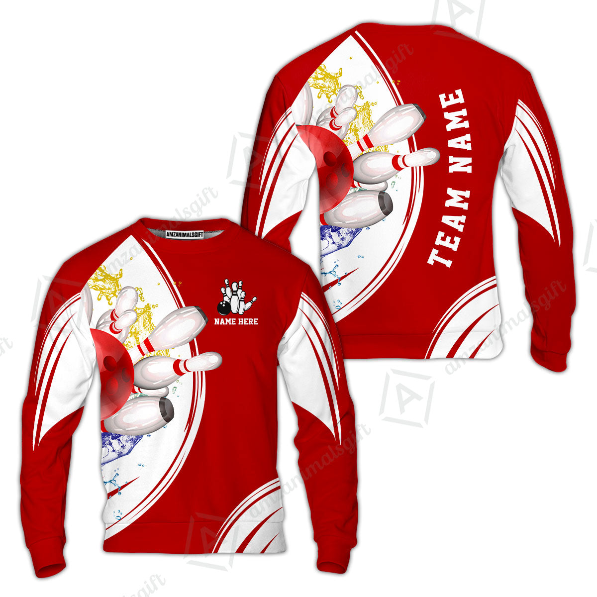 Custom Bowling Team Sweatshirt, Custom Cyan Red Blue Bowling Uniforms Jerseys, Personalized Name And Team Name