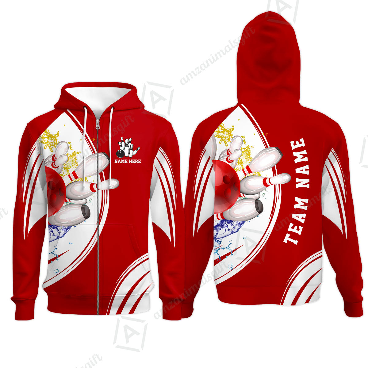 Custom Bowling Team Zip Hoodie, Custom Cyan Red Blue Bowling Uniforms Jerseys, Personalized Name And Team Name