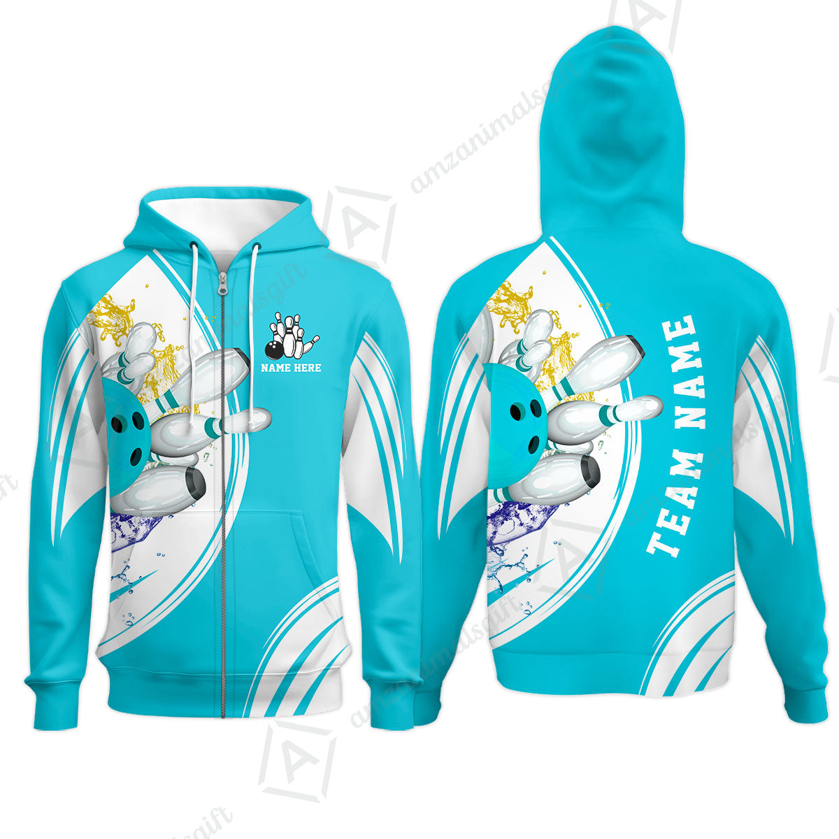 Custom Bowling Team Zip Hoodie, Custom Cyan Red Blue Bowling Uniforms Jerseys, Personalized Name And Team Name