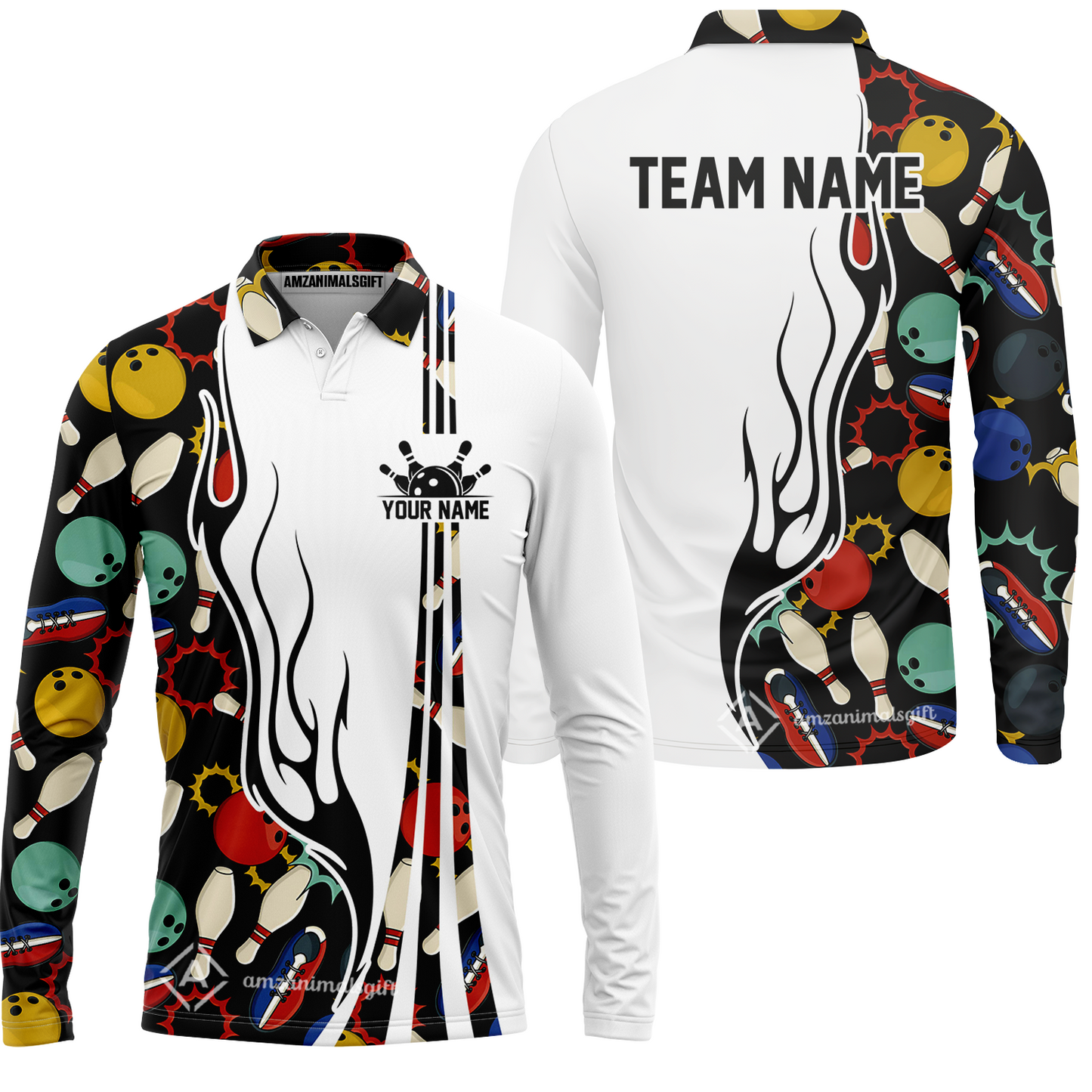 Custom Bowling Team Jerseys Polo Shirts, Custom Multi Color Icon Bowling Uniforms Jerseys, Personalized Name And Team Name