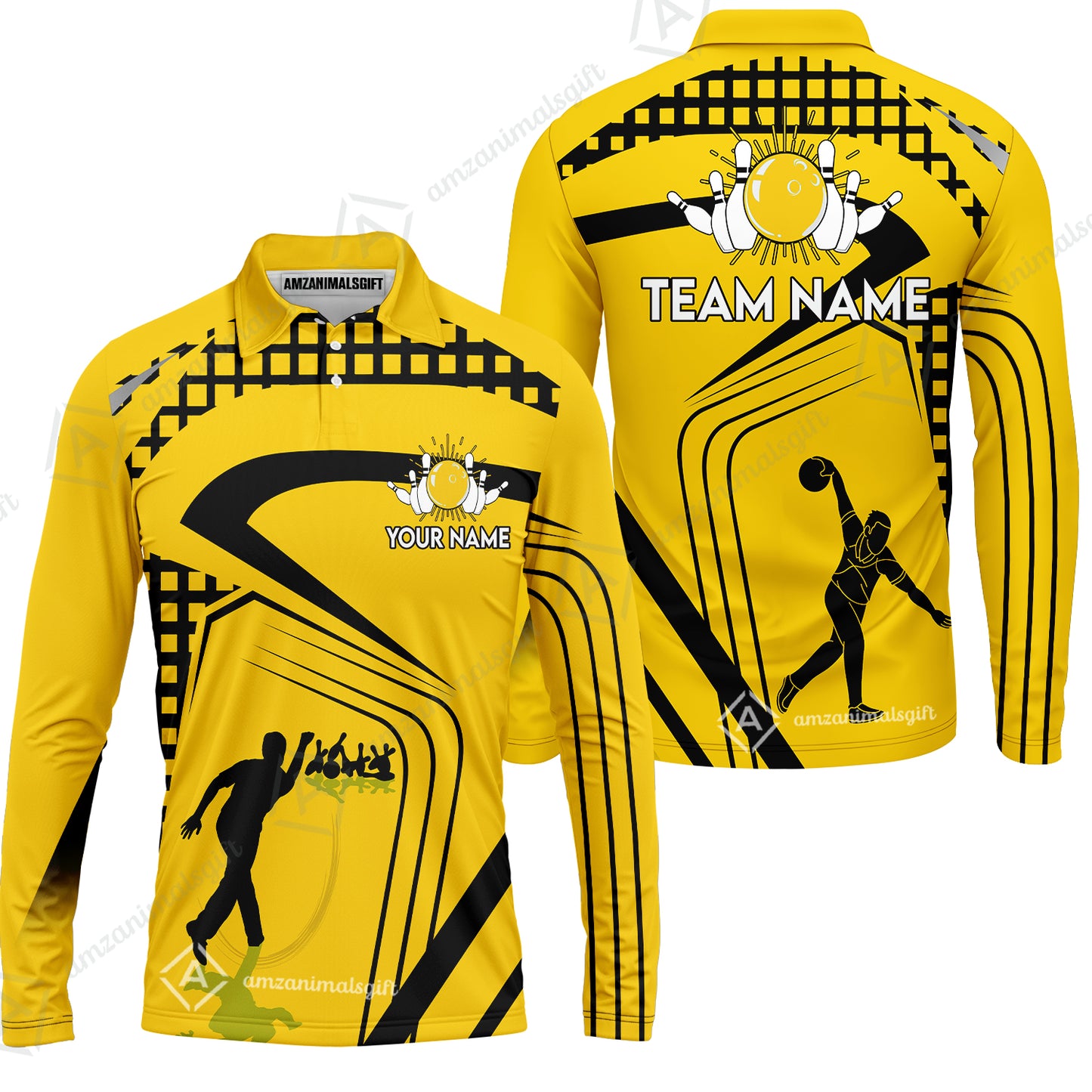 Customized Bowling Team Long Sleeve Polo Shirt , Yellow Slash Bowling Uniform Shirt Personalized Name And Team Name For Bowlers, Team League