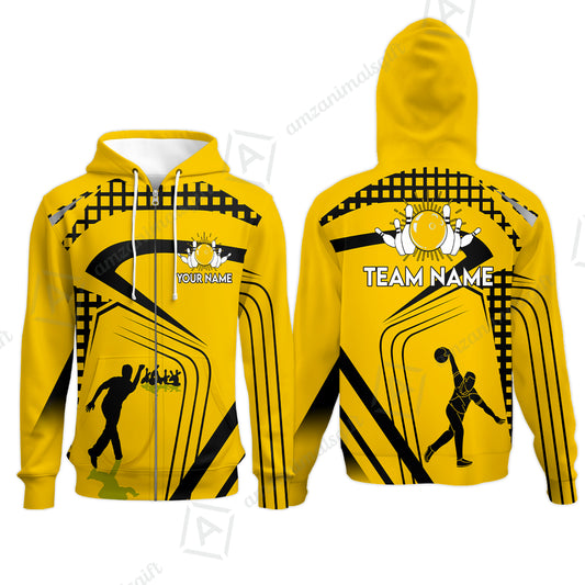 Customized Bowling Team Zip Hoodie, Yellow Slash Bowling Uniform Shirt Personalized Name And Team Name For Bowlers, Team League