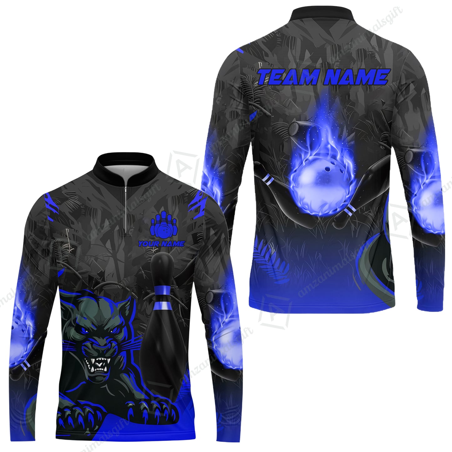 Personalized Bowling Team Long Sleeve Jersey Shirt With Black Panther And Pin, Custom Name And Team Name For Bowlers
