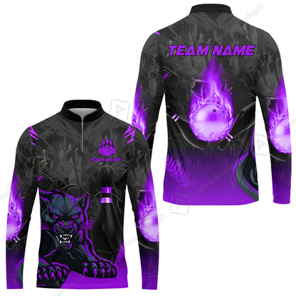 Personalized Bowling Team Long Sleeve Jersey Shirt With Black Panther And Pin, Custom Name And Team Name For Bowlers