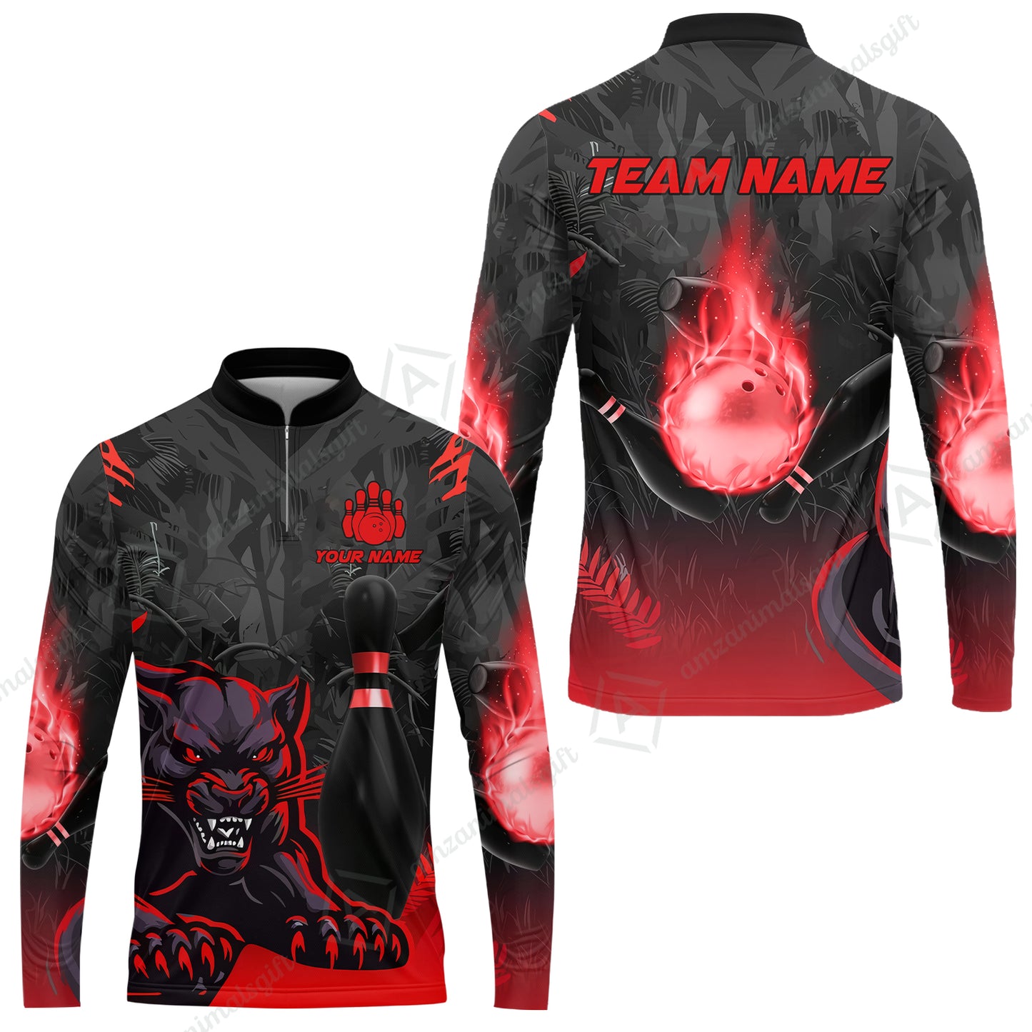 Personalized Bowling Team Long Sleeve Jersey Shirt With Black Panther And Pin, Custom Name And Team Name For Bowlers