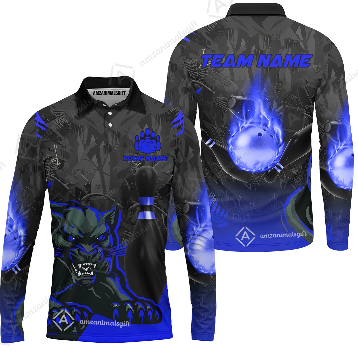 Personalized Bowling Team Long Sleeve Polo Shirt With Black Panther And Pin, Custom Name And Team Name For Bowlers