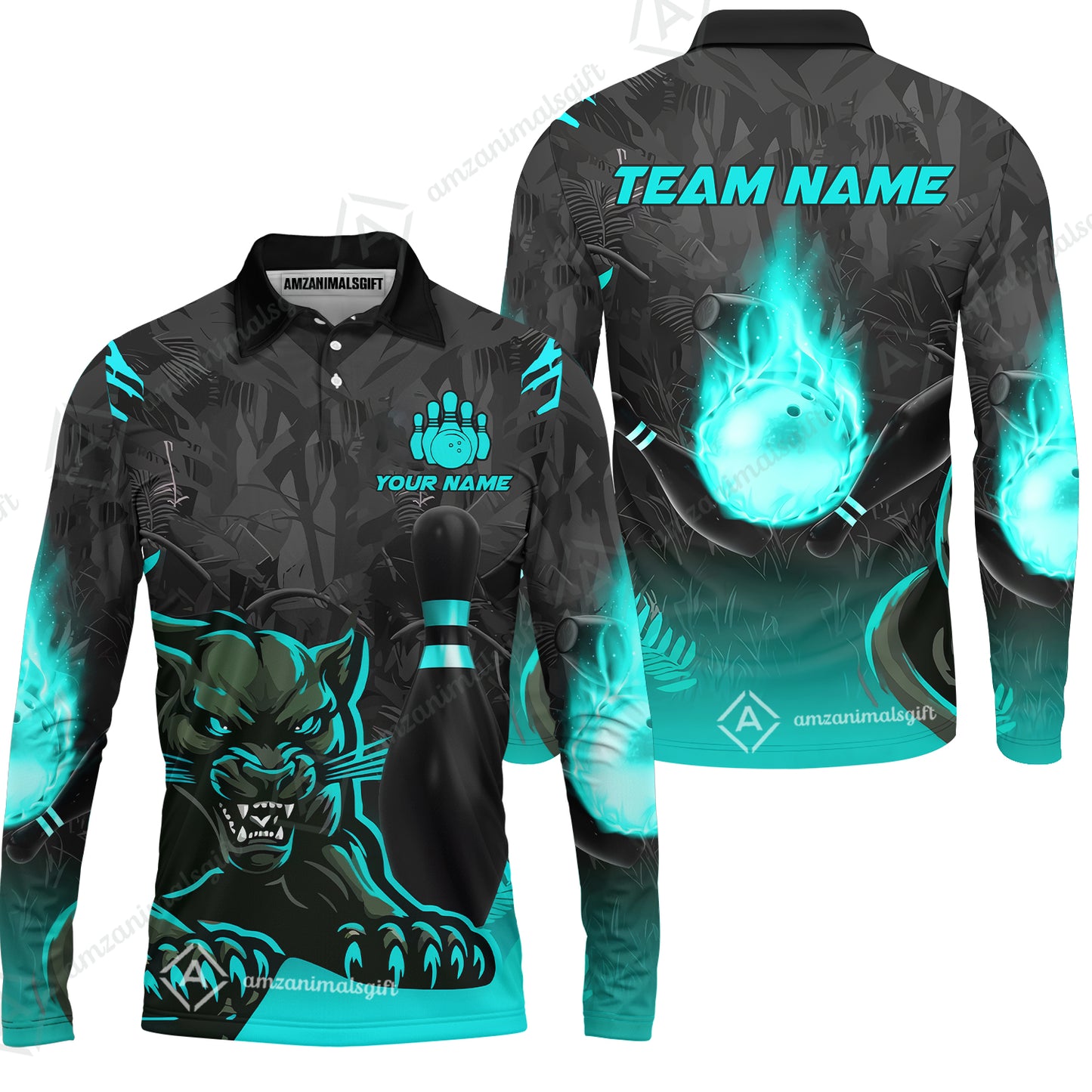 Personalized Bowling Team Long Sleeve Polo Shirt With Black Panther And Pin, Custom Name And Team Name For Bowlers