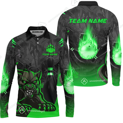 Personalized Bowling Team Long Sleeve Polo Shirt With Black Panther And Pin, Custom Name And Team Name For Bowlers