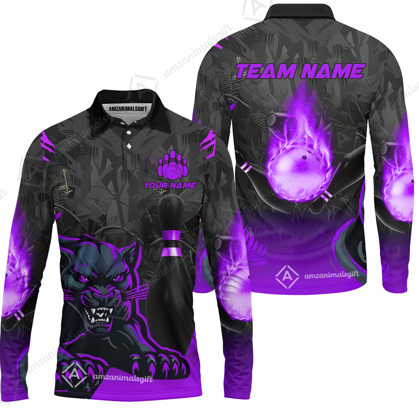 Personalized Bowling Team Long Sleeve Polo Shirt With Black Panther And Pin, Custom Name And Team Name For Bowlers