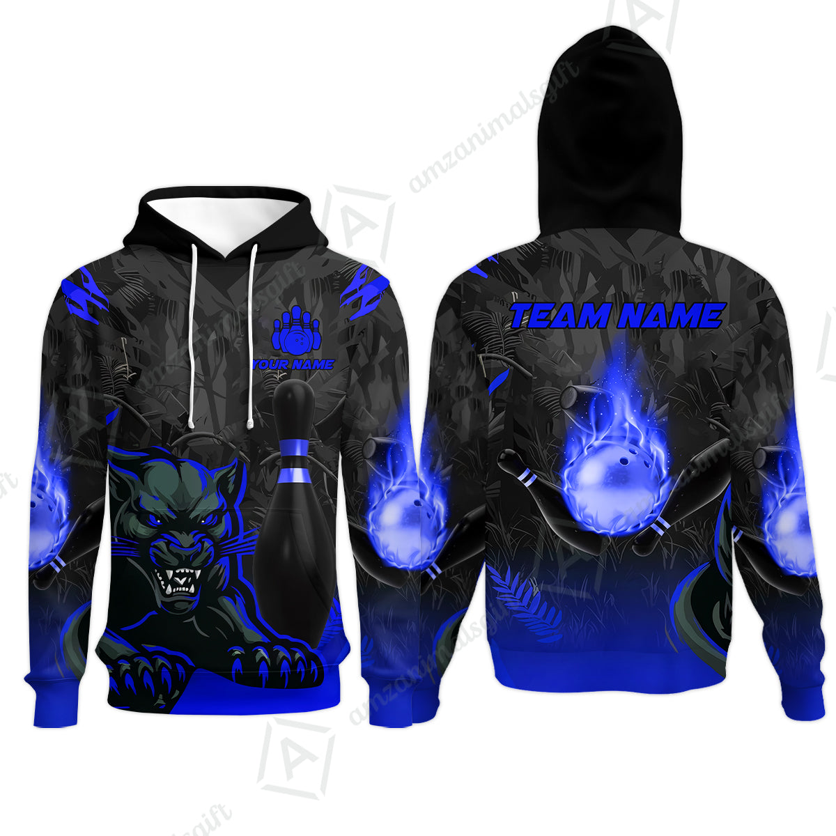 Personalized Bowling Team Hoodie With Black Panther And Pin, Custom Name And Team Name For Bowlers