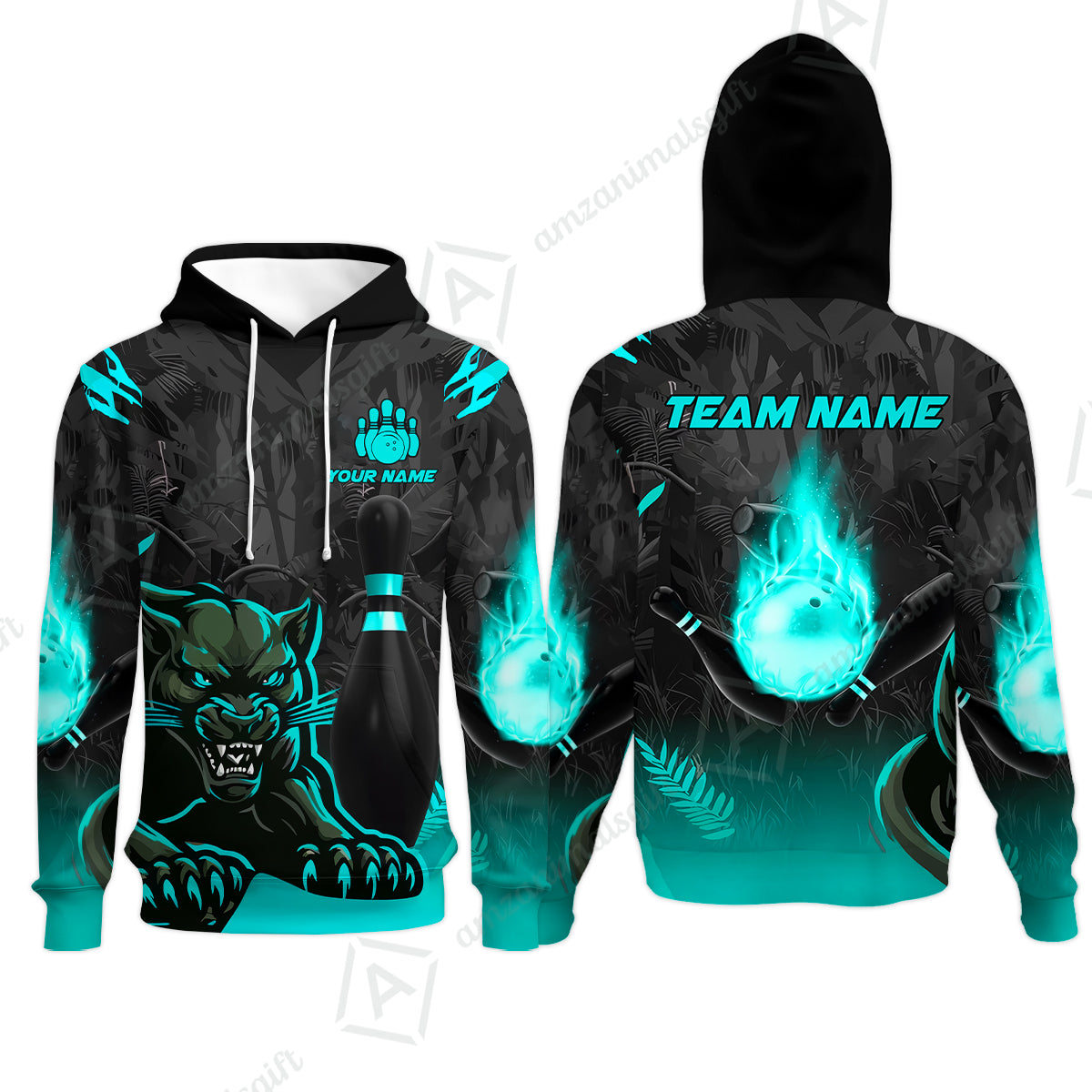 Personalized Bowling Team Hoodie With Black Panther And Pin, Custom Name And Team Name For Bowlers