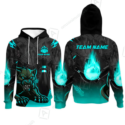 Personalized Bowling Team Hoodie With Black Panther And Pin, Custom Name And Team Name For Bowlers