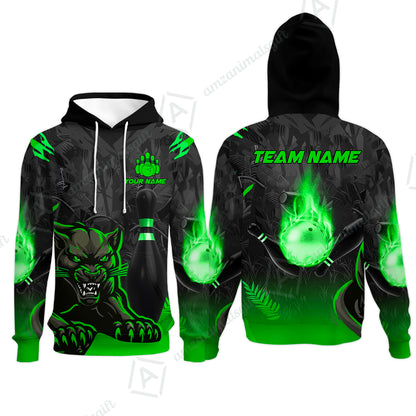 Personalized Bowling Team Hoodie With Black Panther And Pin, Custom Name And Team Name For Bowlers