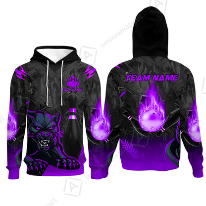 Personalized Bowling Team Hoodie With Black Panther And Pin, Custom Name And Team Name For Bowlers