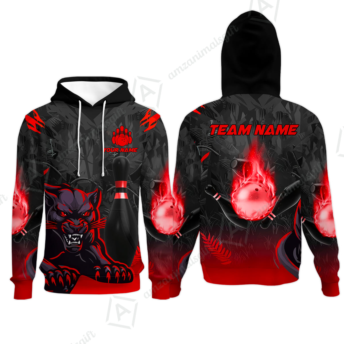 Personalized Bowling Team Hoodie With Black Panther And Pin, Custom Name And Team Name For Bowlers
