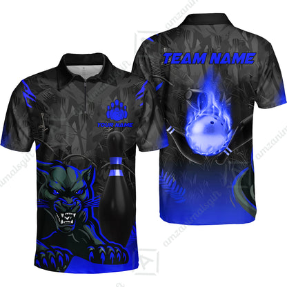 Personalized Bowling Quarter-Zip Polo Shirt With Black Panther And Pin, Custom Name And Team Name For Bowlers