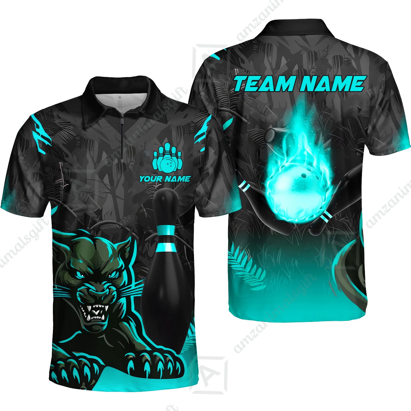Personalized Bowling Quarter-Zip Polo Shirt With Black Panther And Pin, Custom Name And Team Name For Bowlers