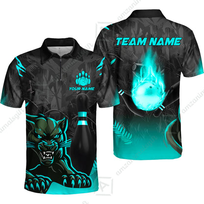 Personalized Bowling Quarter-Zip Polo Shirt With Black Panther And Pin, Custom Name And Team Name For Bowlers