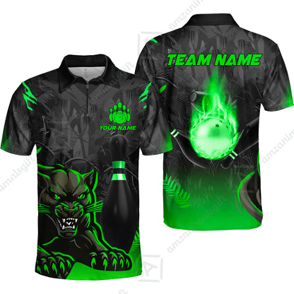 Personalized Bowling Quarter-Zip Polo Shirt With Black Panther And Pin, Custom Name And Team Name For Bowlers