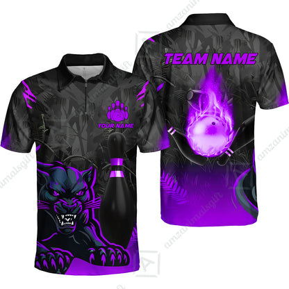 Personalized Bowling Quarter-Zip Polo Shirt With Black Panther And Pin, Custom Name And Team Name For Bowlers