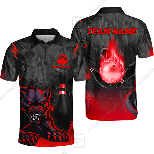 Personalized Bowling Quarter-Zip Polo Shirt With Black Panther And Pin, Custom Name And Team Name For Bowlers