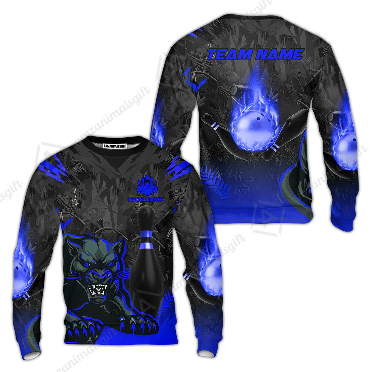 Personalized Bowling Team Sweatshirt With Black Panther And Pin, Custom Name And Team Name For Bowlers