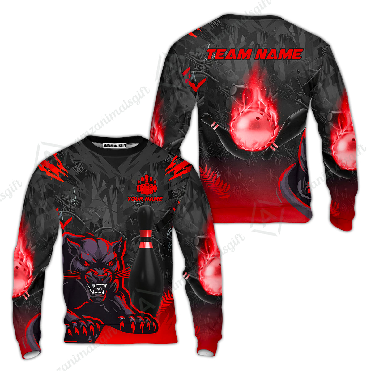 Personalized Bowling Team Sweatshirt With Black Panther And Pin, Custom Name And Team Name For Bowlers