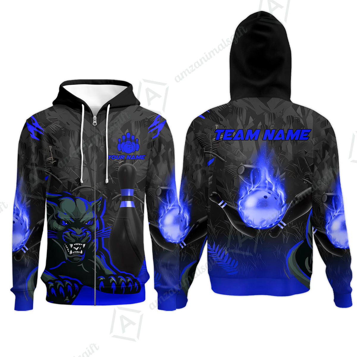 Personalized Bowling Team Zip Hoodie With Black Panther And Pin, Custom Name And Team Name For Bowlers