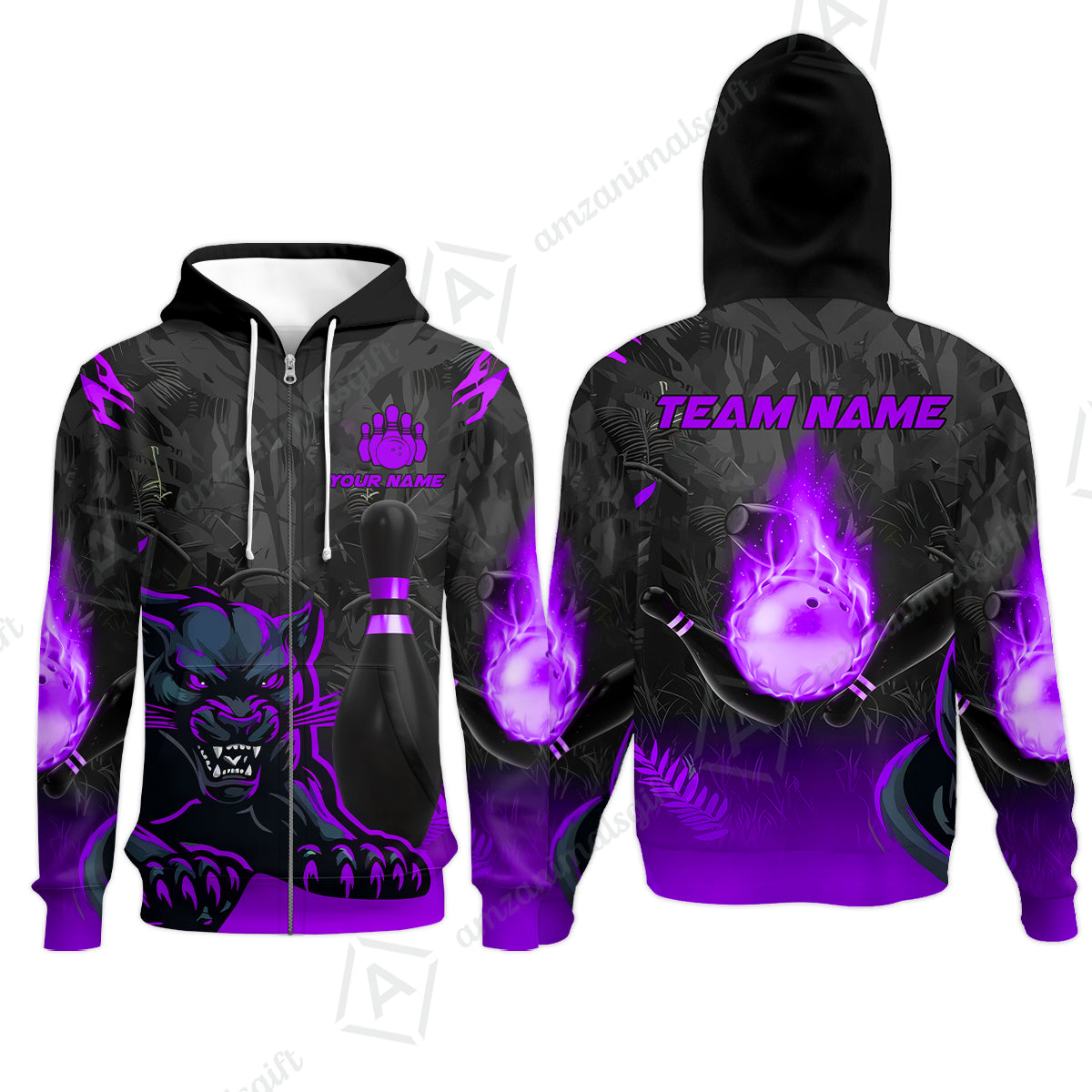 Personalized Bowling Team Zip Hoodie With Black Panther And Pin, Custom Name And Team Name For Bowlers