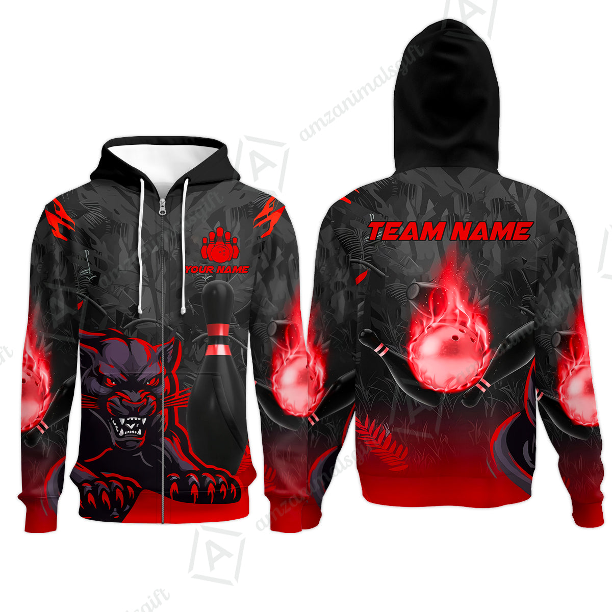 Personalized Bowling Team Zip Hoodie With Black Panther And Pin, Custom Name And Team Name For Bowlers