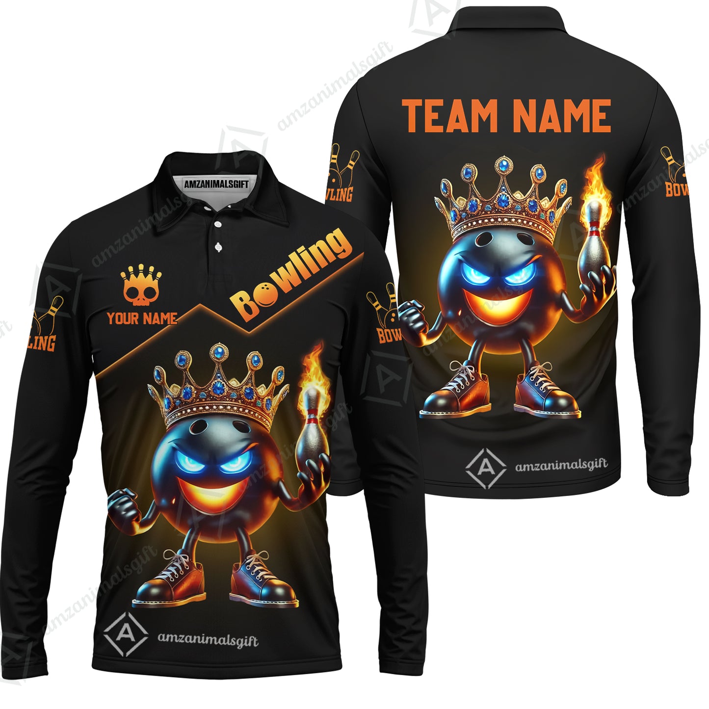 Customized Bowling Long Sleeve Polo Shirt King Of Bowling Fire Custom Name And Team Name Uniforms For Bowlers