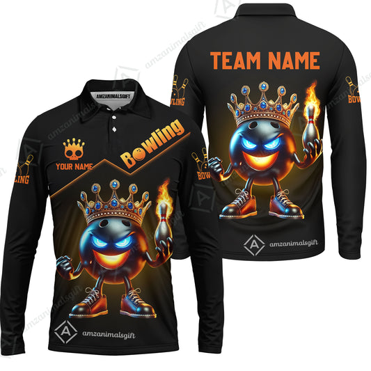 Customized Bowling Long Sleeve Polo Shirt King Of Bowling Fire Custom Name And Team Name Uniforms For Bowlers