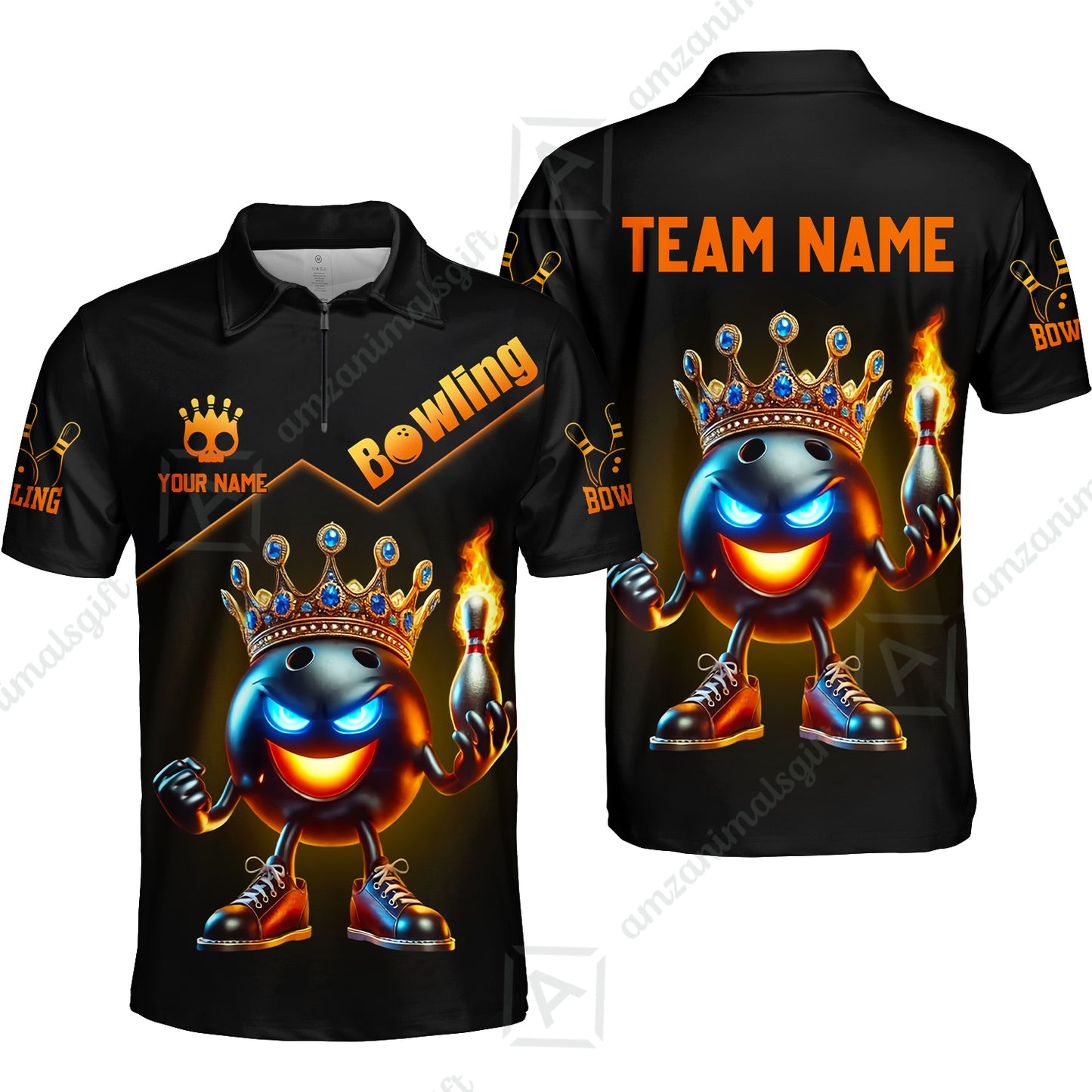 Customized Bowling Quarter-Zip Polo Shirt King Of Bowling Fire Custom Name And Team Name Uniforms For Bowlers