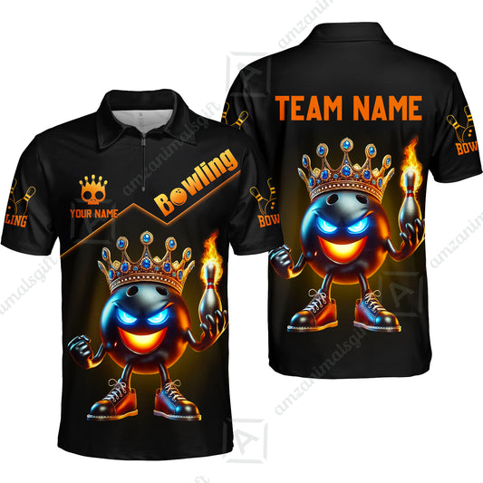 Customized Bowling Quarter-Zip Polo Shirt King Of Bowling Fire Custom Name And Team Name Uniforms For Bowlers