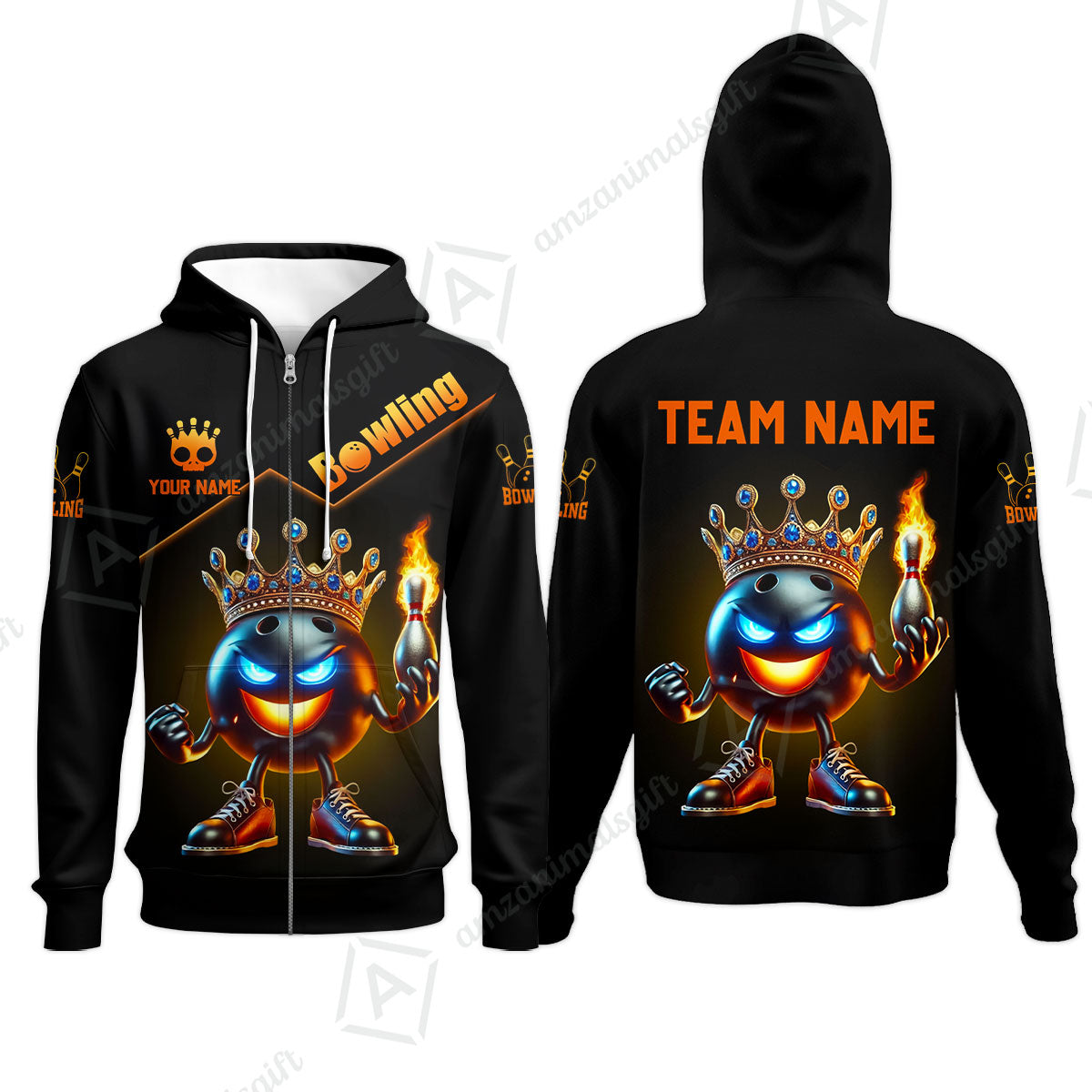 Customized Bowling Team King Of Bowling Fire Custom Name And Team Name Zip Hoodie For Bowlers
