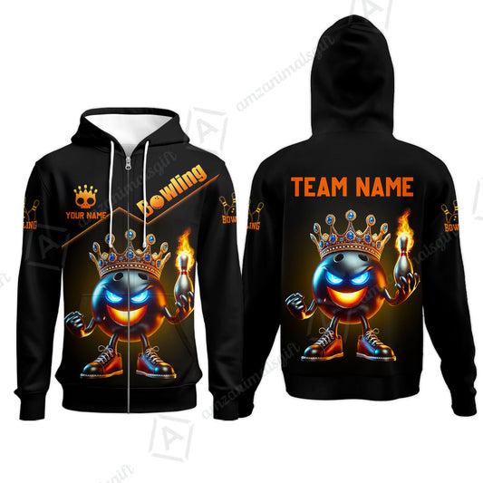 Customized Bowling Team King Of Bowling Fire Custom Name And Team Name Zip Hoodie For Bowlers