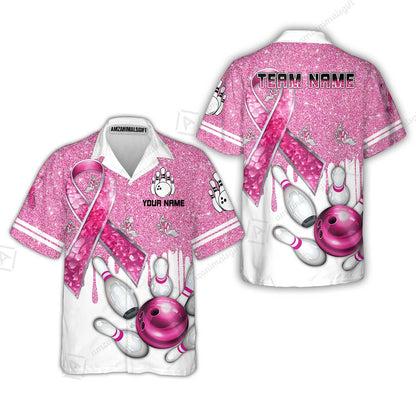 Custom Pink Ribbon Glitter Bowling Team Polo Shirts, Custom Bowling Team Uniforms Jerseys, Personalized Name And Team Name