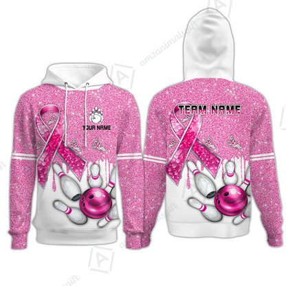 Custom Pink Ribbon Glitter Bowling Team Polo Shirts, Custom Bowling Team Uniforms Jerseys, Personalized Name And Team Name