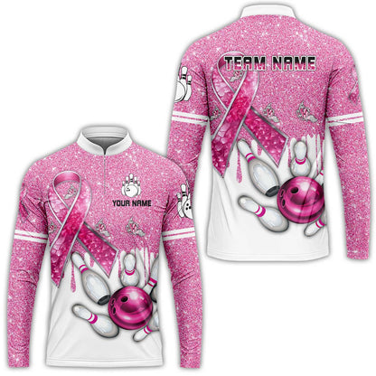 Custom Pink Ribbon Glitter Bowling Team Polo Shirts, Custom Bowling Team Uniforms Jerseys, Personalized Name And Team Name