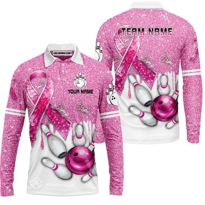 Custom Pink Ribbon Glitter Bowling Team Polo Shirts, Custom Bowling Team Uniforms Jerseys, Personalized Name And Team Name